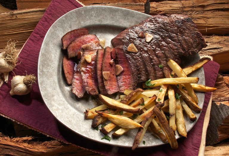 Slow Cooker Steak and French Fries on Gray Plate