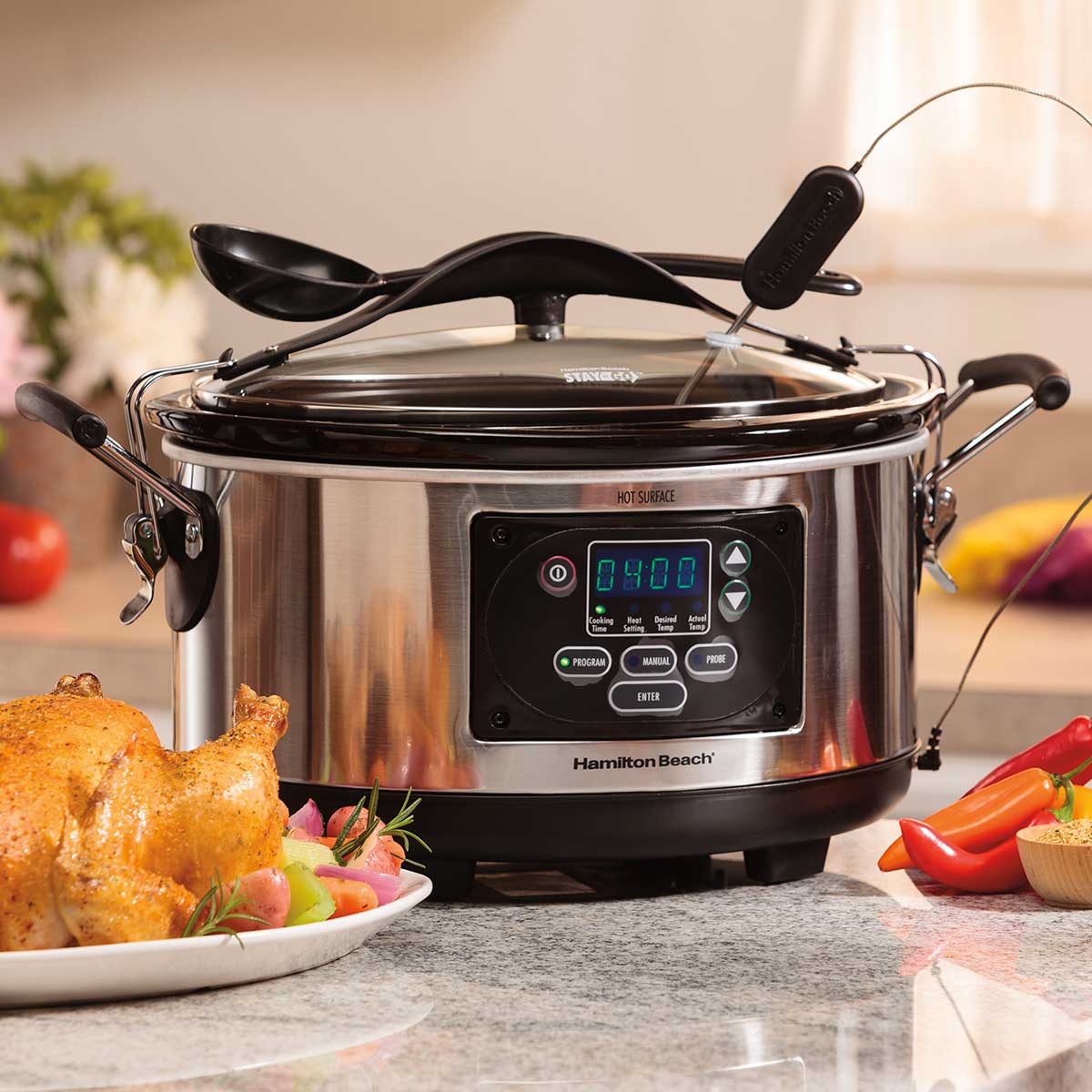 Hamilton Beach 7 Quart Stay or Go Programmable Slow Cooker with Party  Dipper Red