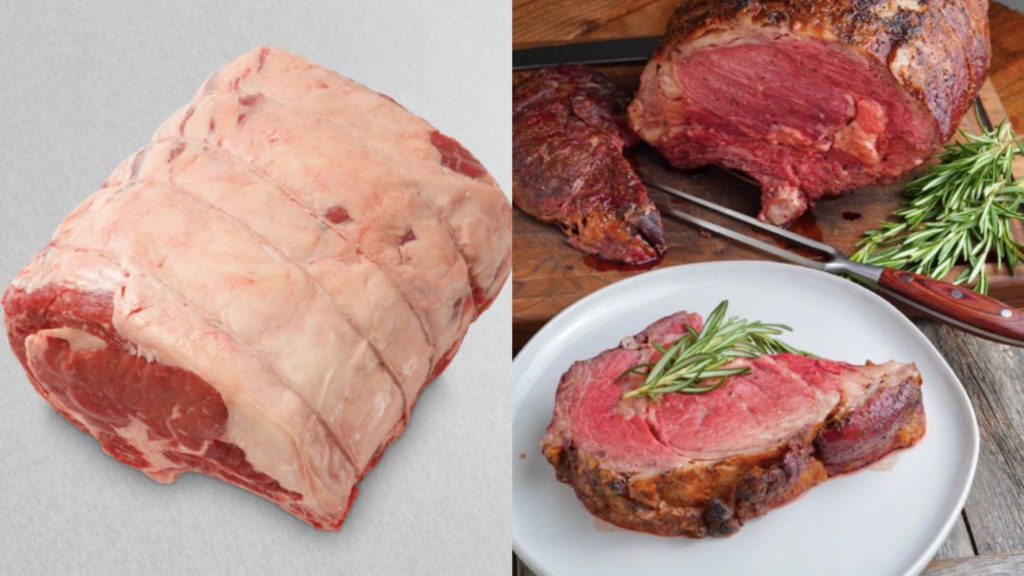 USDA Choice Bone-in Prime Rib Roast cooked medium rare carved