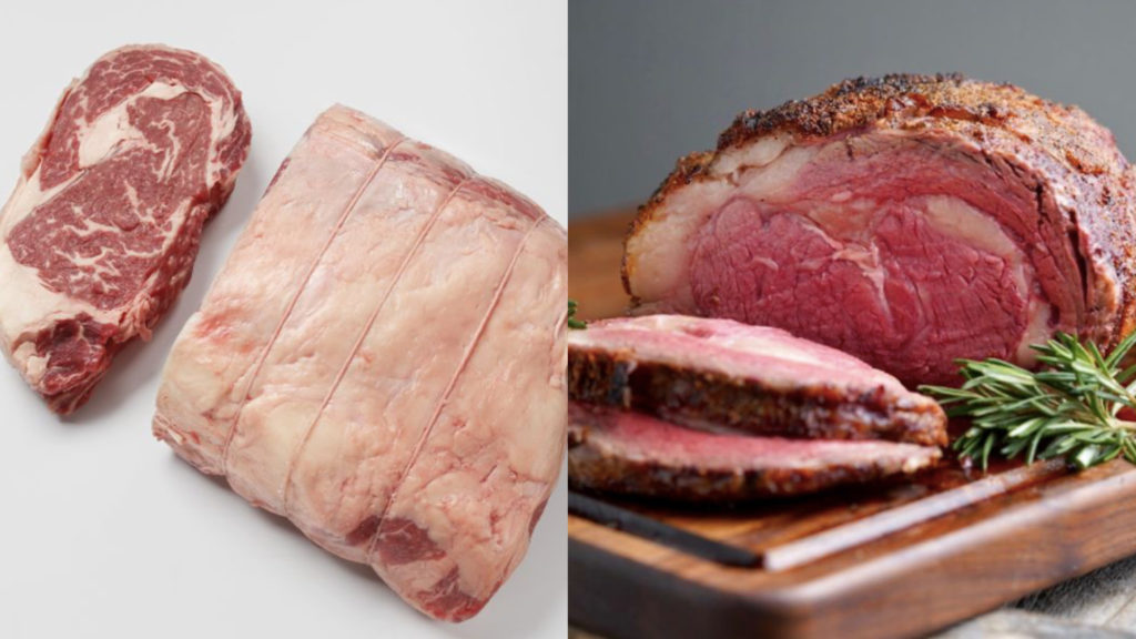 USDA Choice Boneless Prime Rib Roast cooked medium rare carved