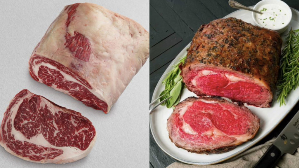 american wagyu gold grade boneless prime rib roast cooked medium rare carved