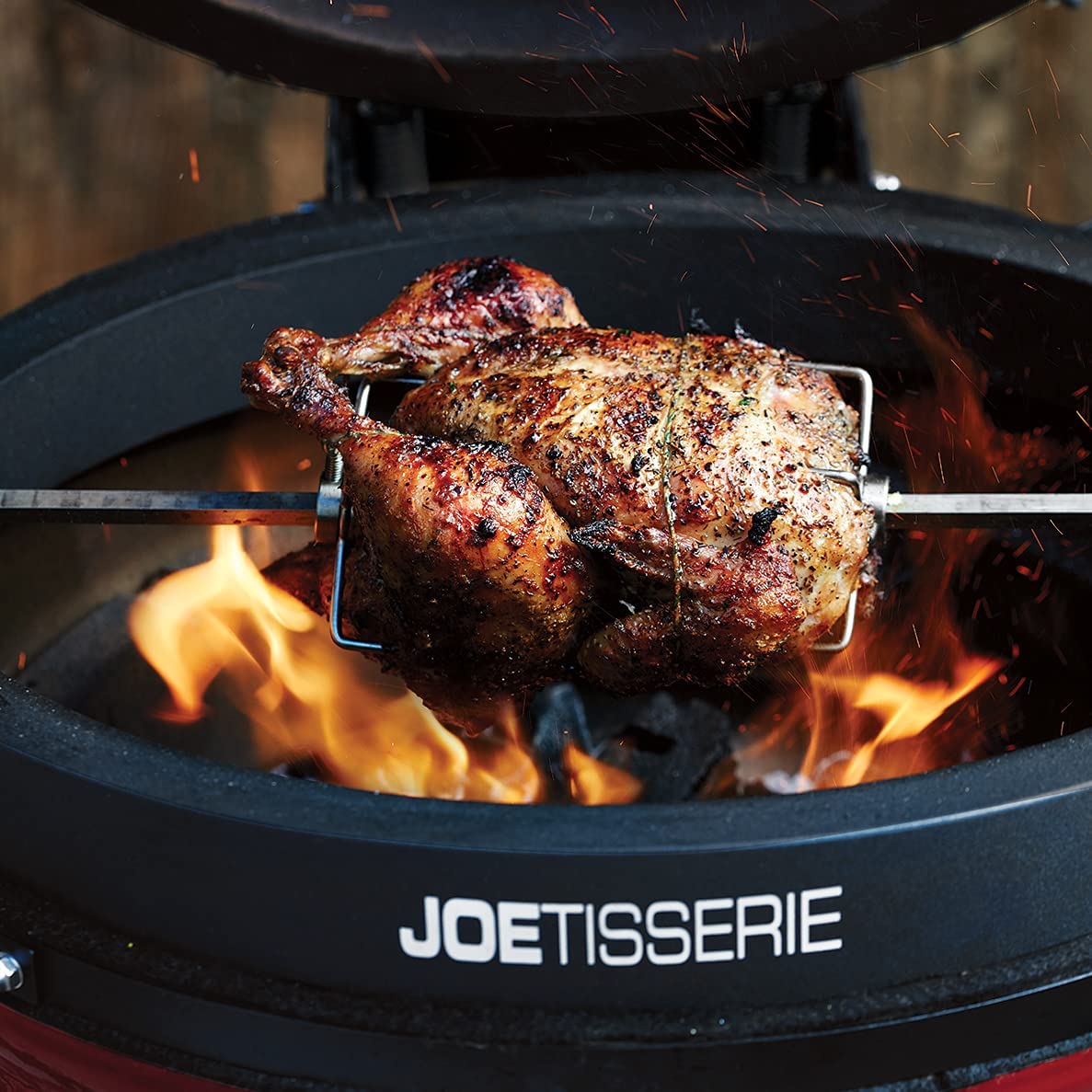 Rotisserie chicken in Kamado joe JoeTisserie