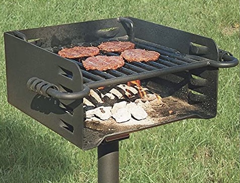 burgers on Pilot Rock Heavy Duty Park Style Charcoal Grill