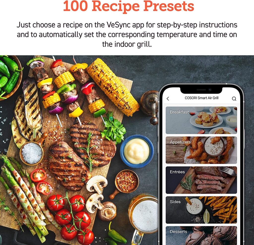 100 recipe presets in VeSync app COSORI Indoor Grill Air Fryer Combo review